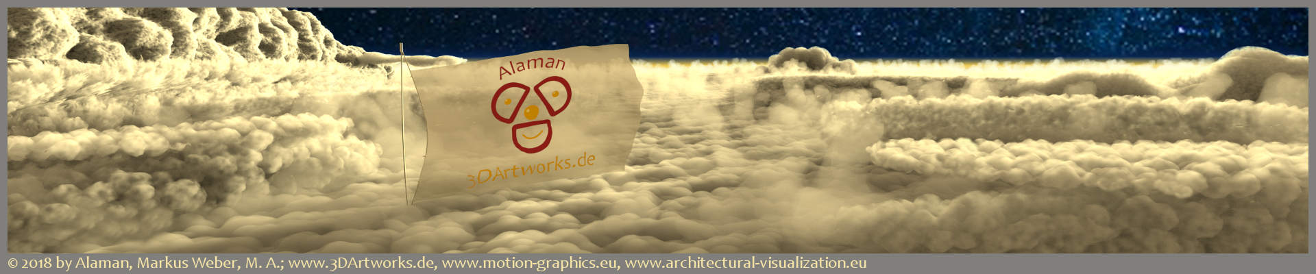 Logos: banner with the Alaman 3D Artworks logo in front of clouds