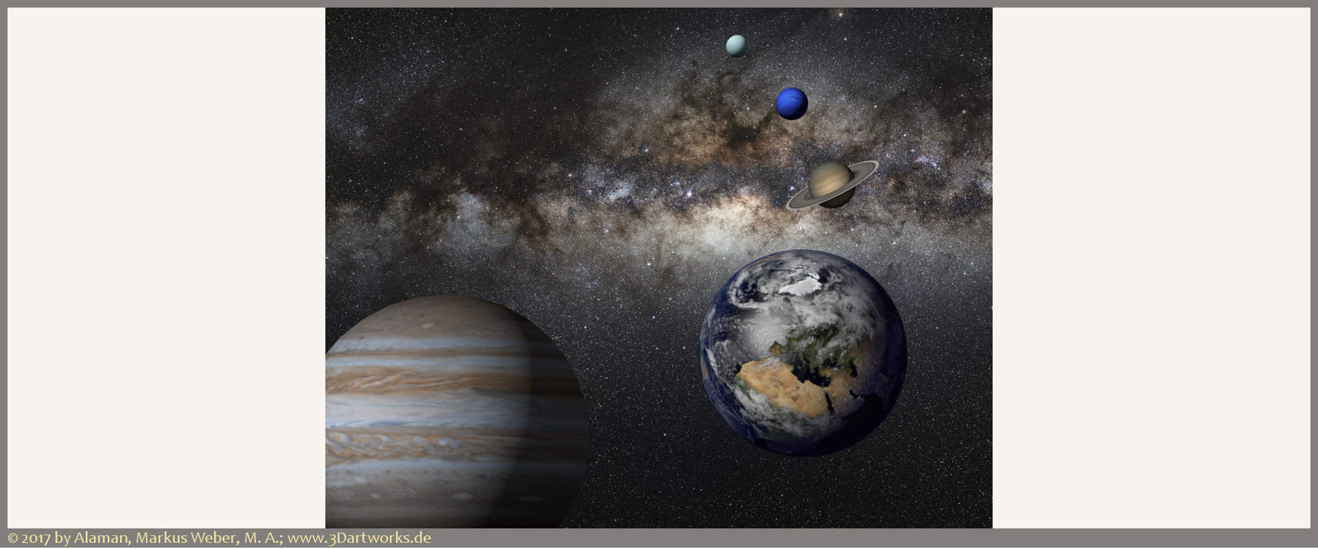 Travaux en cours à Alaman 3D Artworks : l'univers, planification grossière, image de la Voie Lactée avec des planètes.