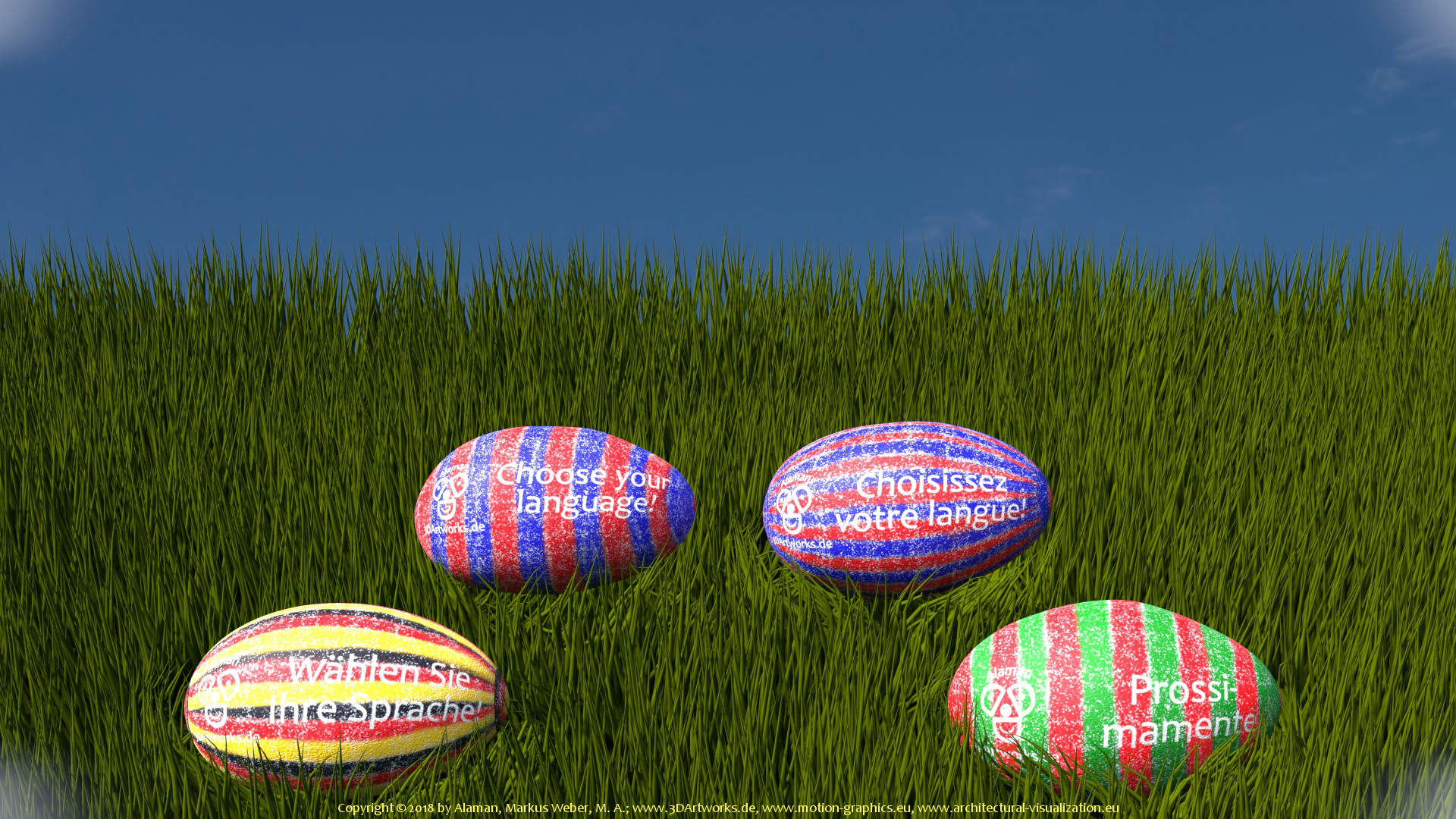 3dartworks languages, easter eggs on grass with blue sky.