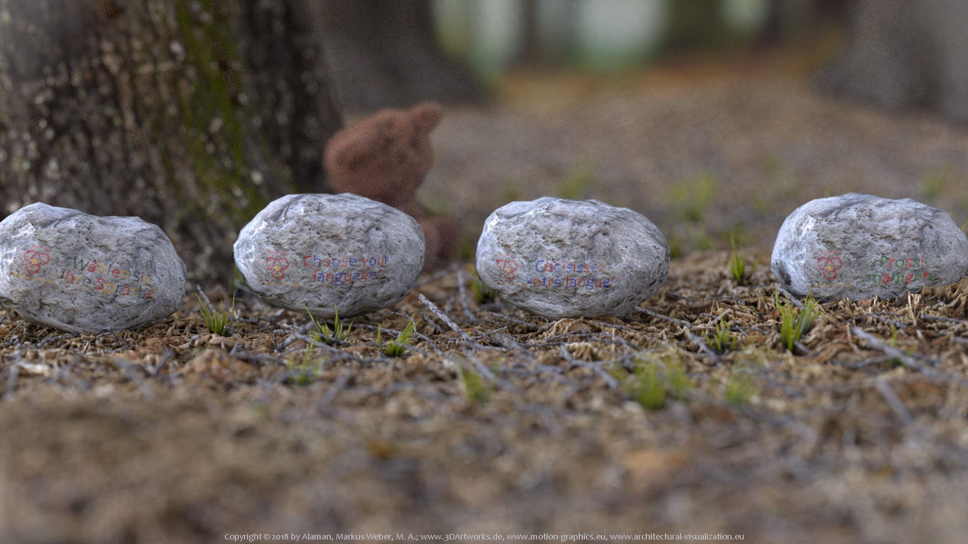 3dartworks languages, stones in the woods with still sleeping plush bear.