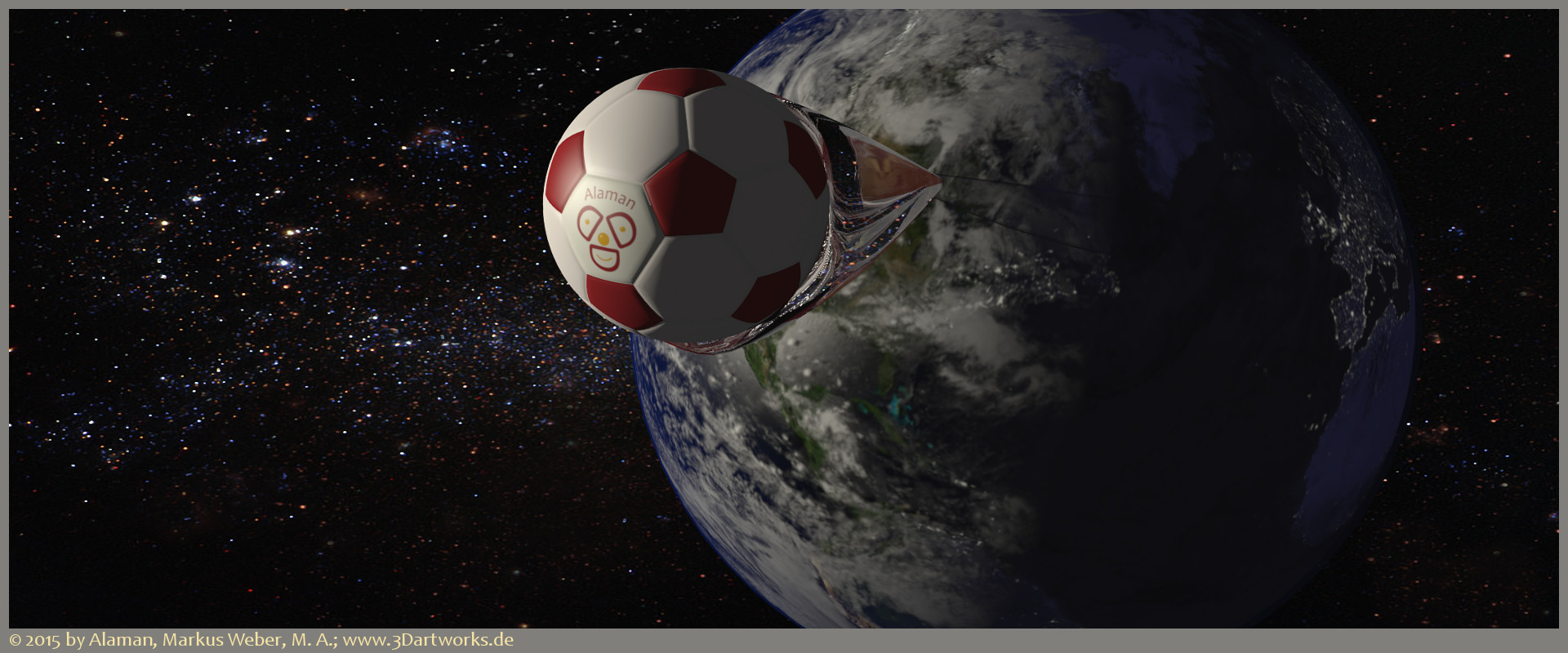 Produktvisualisierung: Erde und klassischer Fußball, der von Kanada aus ins All gebeamt wird